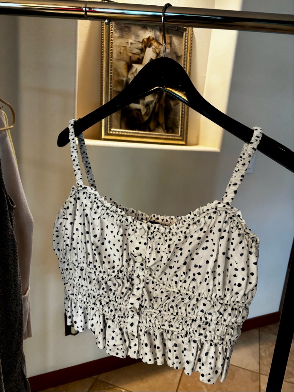 J. Crew Polka Dot Ruffled Smocked Crop Top